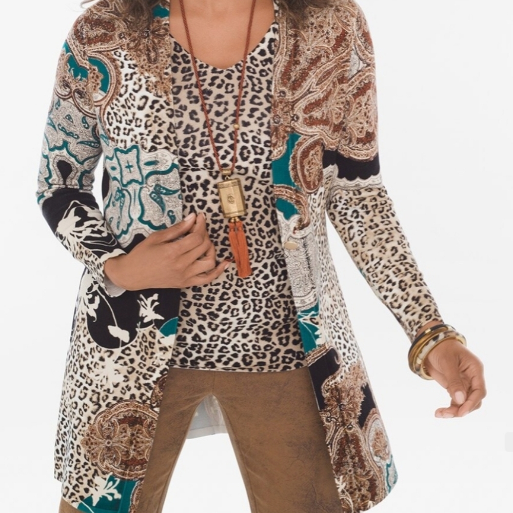 Chico’s Paisley Animal Print  Knit Long One Button Duster Cardigan Size 1 Small